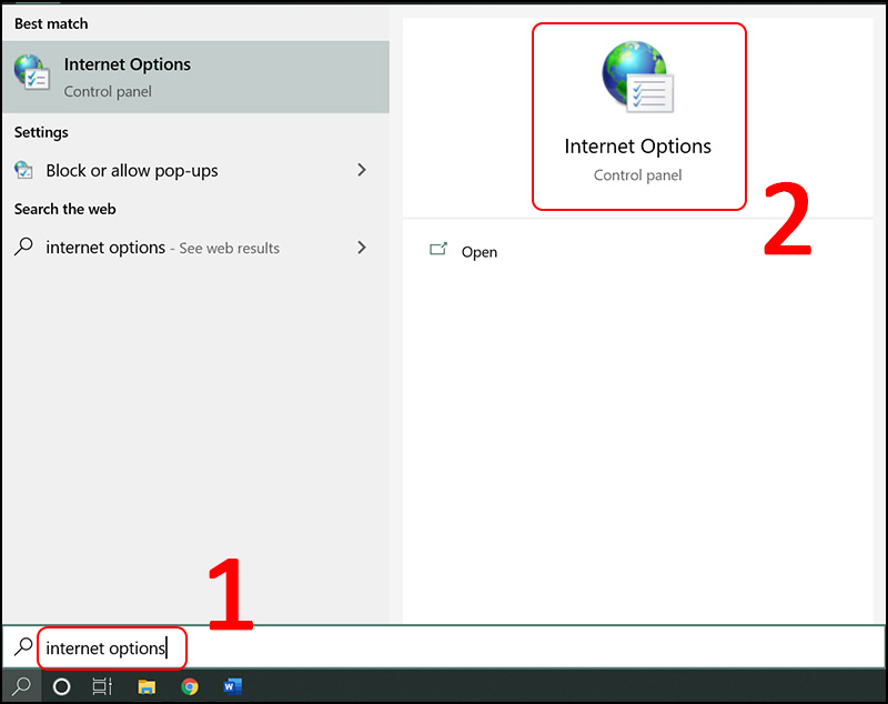 Chọn biểu tượng Tìm kiếm  Gõ 'internet options'  Chọn ứng dụng Internet Options.